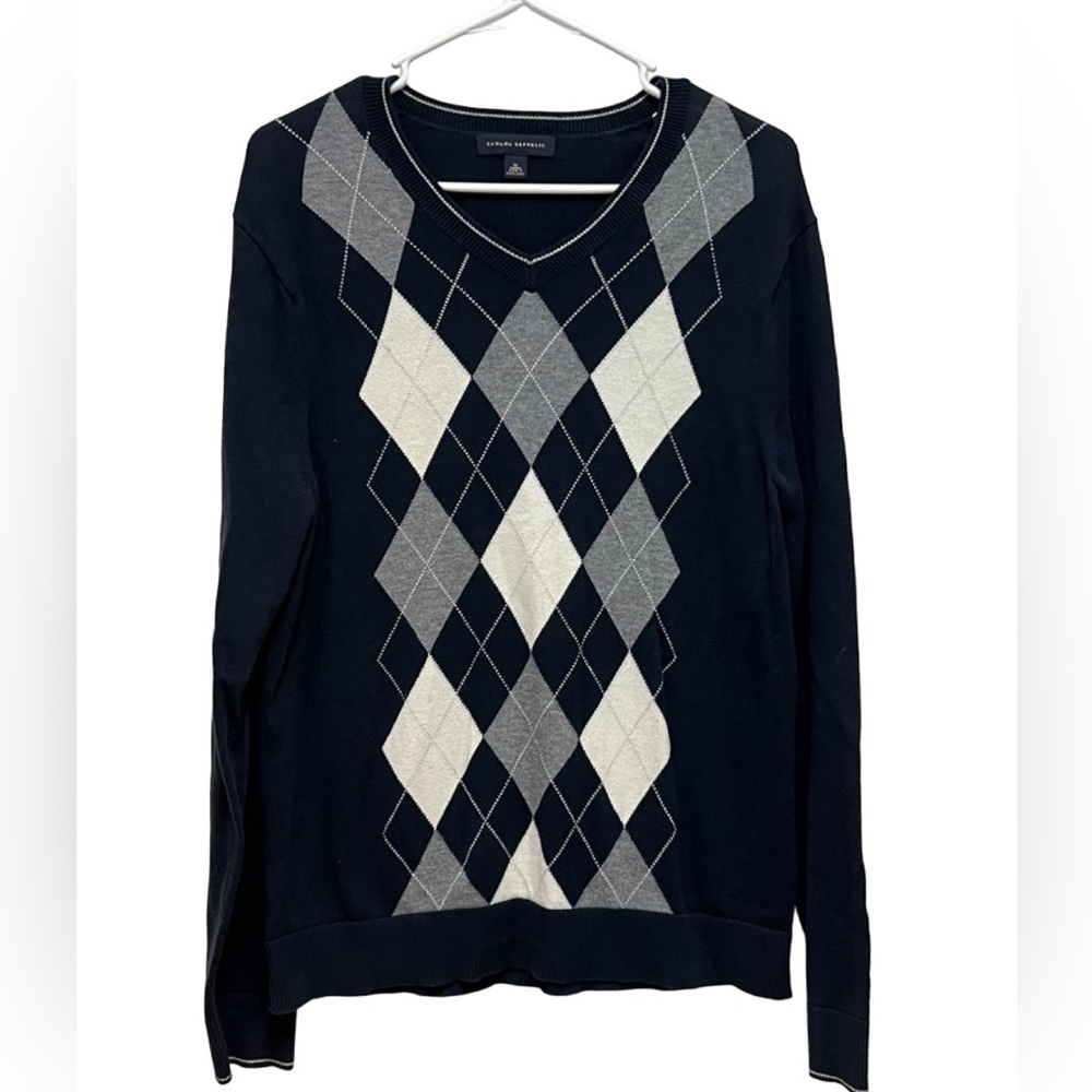 Banana Republic argyle v-neck sweater navy and gray men’s medium cotton/wool